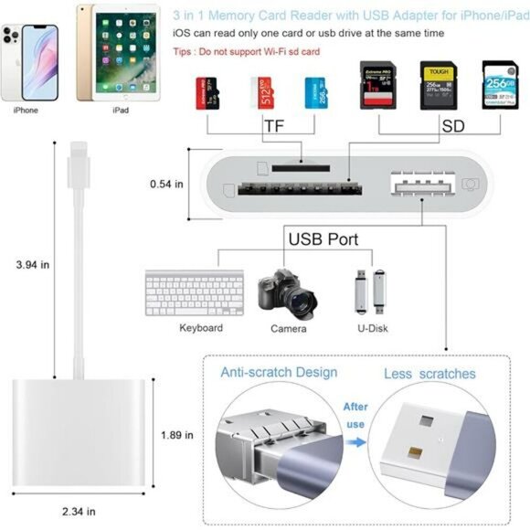 SD Card Reader for iPhone Memory Card Reader with USB Camera Adapter Plug Card - Picture 2 of 6